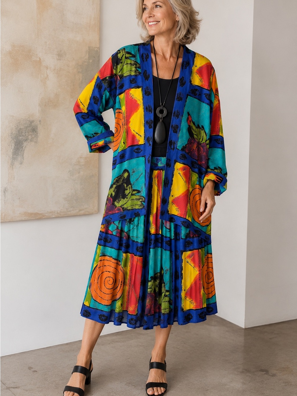 Platinum by Dorothy Schoelen 2Pc Rayon Art Print Skirt Jacket Set Size 12 M 80s